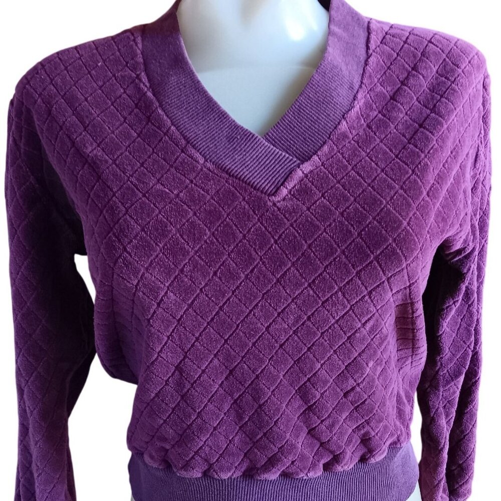 Vintage Small Women's Pullover Sweater Purple Diamond Quilted Knit Greece 70s